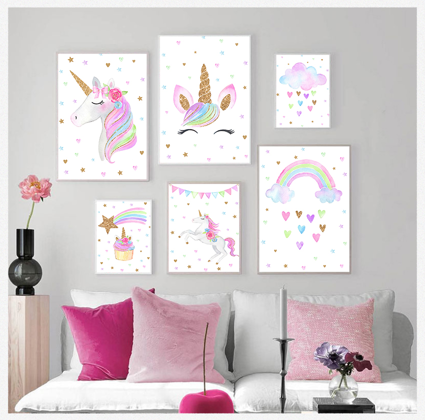 Baby Unicorn Nursery - لوحة قماشية لطيفة بتصميم نورديك، صورة